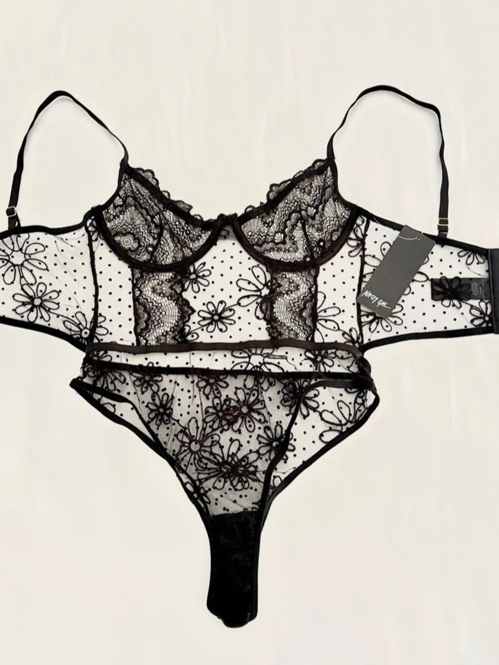 Nasty Gal Daisy Embroidered Polka Dot Lace Underwire Bodysuit Lace Bodysuit  NWT